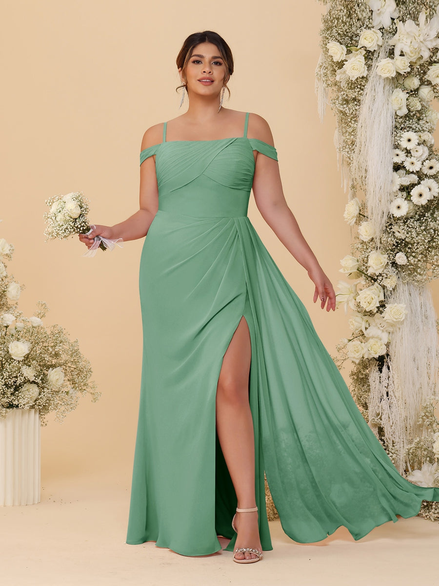 Sheath/Column Off-the-Shoulder Spaghetti Straps Plus Size Bridesmaid Dresses With Side Slit Eucalyptus