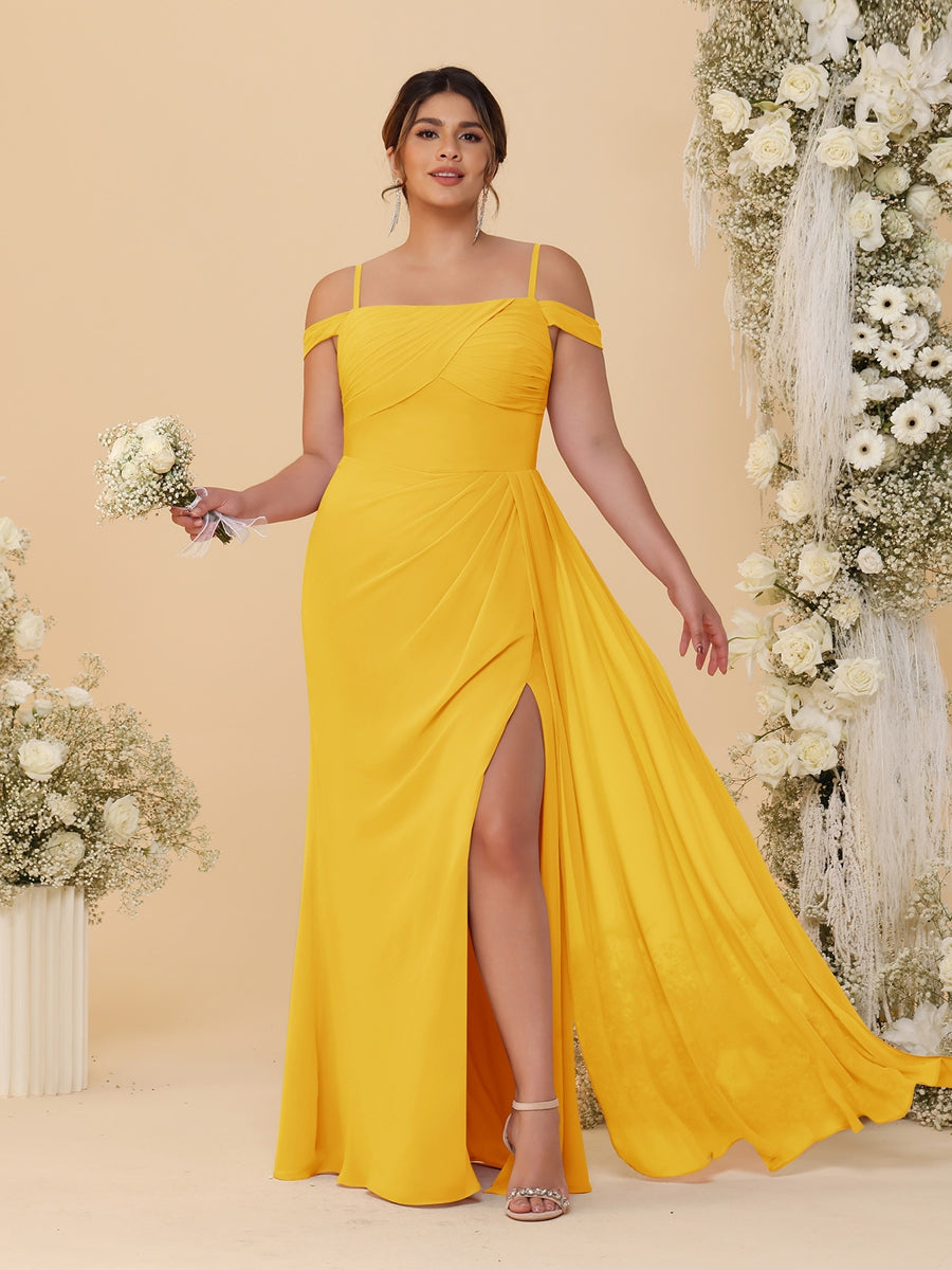 Sheath/Column Off-the-Shoulder Spaghetti Straps Plus Size Bridesmaid Dresses With Side Slit Gold
