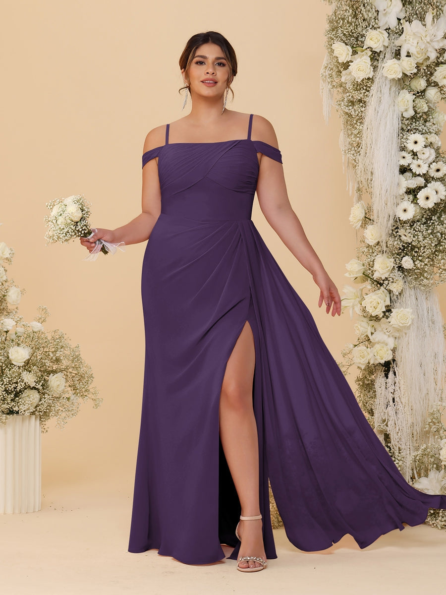 Sheath/Column Off-the-Shoulder Spaghetti Straps Plus Size Bridesmaid Dresses With Side Slit Grape