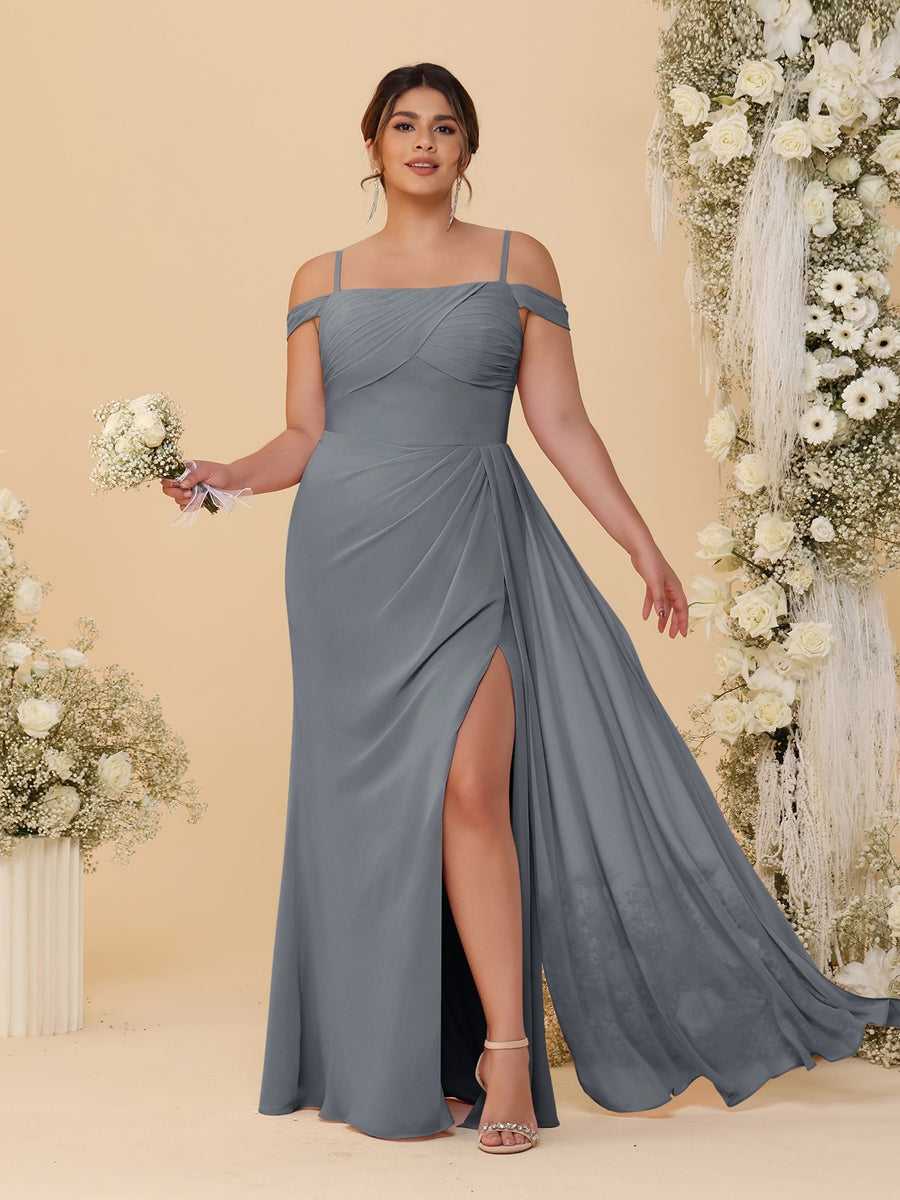 Sheath/Column Off-the-Shoulder Spaghetti Straps Plus Size Bridesmaid Dresses With Side Slit Gray