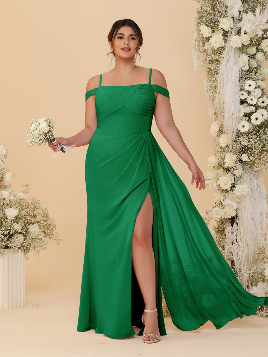 Sheath/Column Off-the-Shoulder Spaghetti Straps Plus Size Bridesmaid Dresses With Side Slit Green
