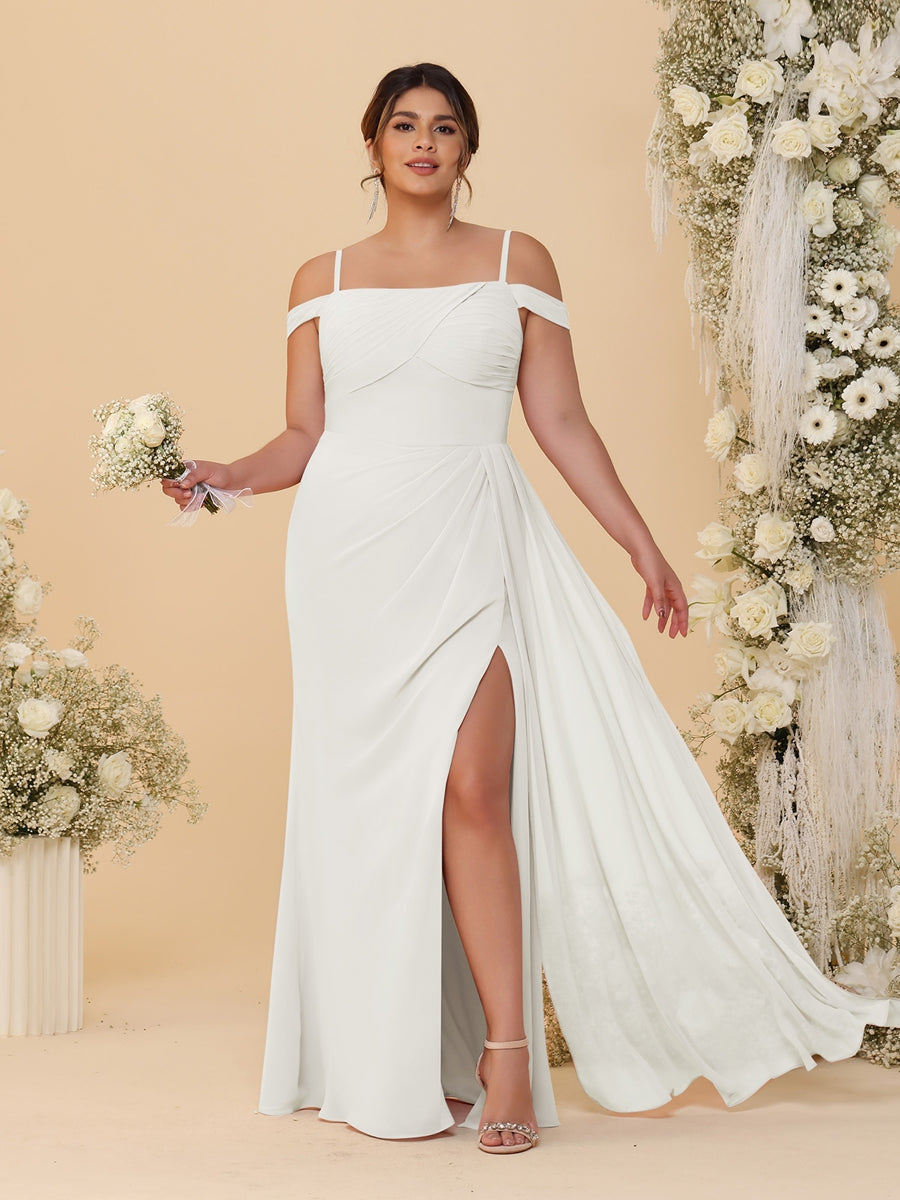 Sheath/Column Off-the-Shoulder Spaghetti Straps Plus Size Bridesmaid Dresses With Side Slit Ivory