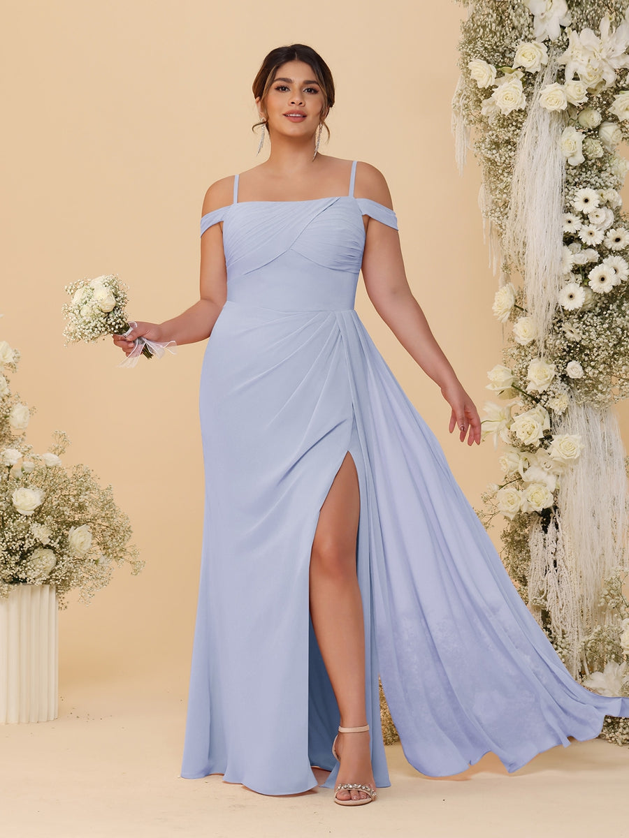 Sheath/Column Off-the-Shoulder Spaghetti Straps Plus Size Bridesmaid Dresses With Side Slit Lavender