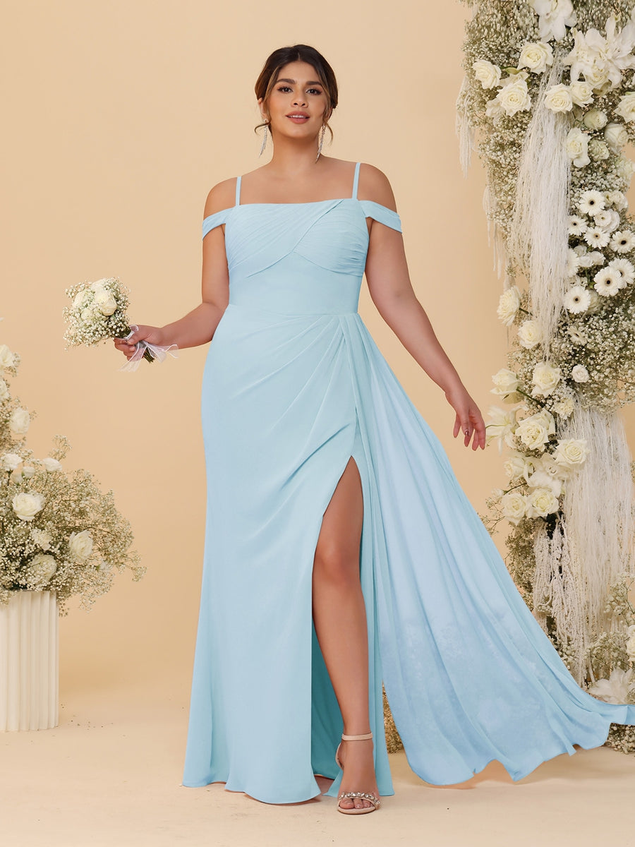 Sheath/Column Off-the-Shoulder Spaghetti Straps Plus Size Bridesmaid Dresses With Side Slit Light Blue
