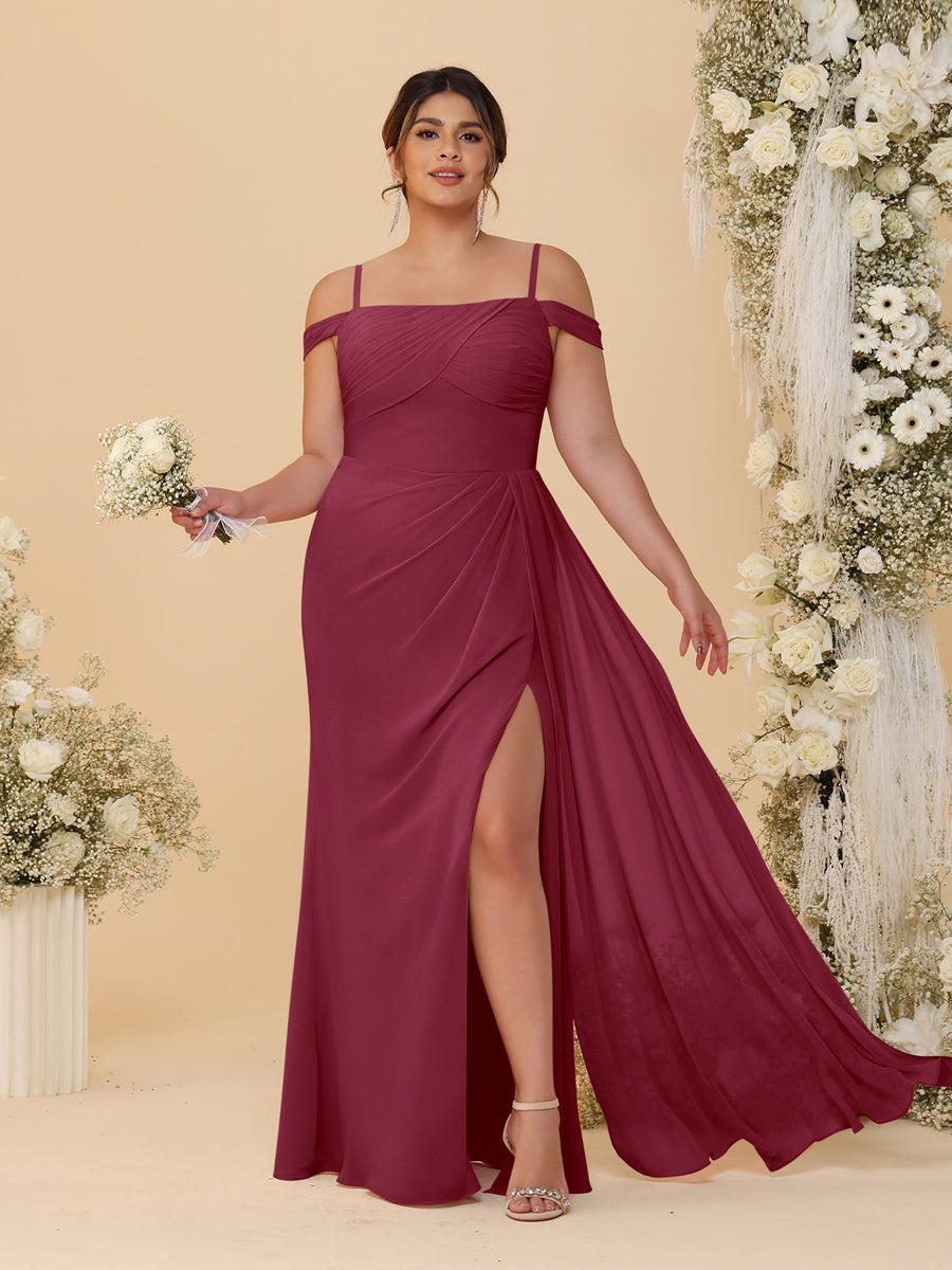Sheath/Column Off-the-Shoulder Spaghetti Straps Plus Size Bridesmaid Dresses With Side Slit Light Burgundy