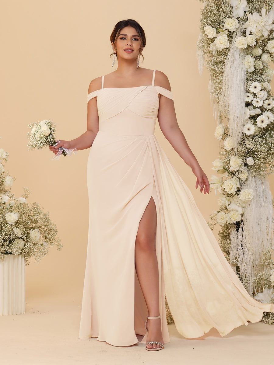 Sheath/Column Off-the-Shoulder Spaghetti Straps Plus Size Bridesmaid Dresses With Side Slit Light Champagne
