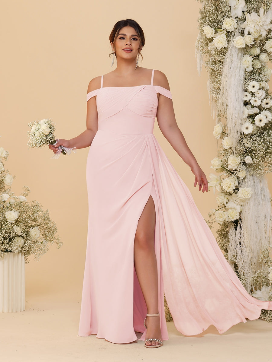 Sheath/Column Off-the-Shoulder Spaghetti Straps Plus Size Bridesmaid Dresses With Side Slit Light Pink