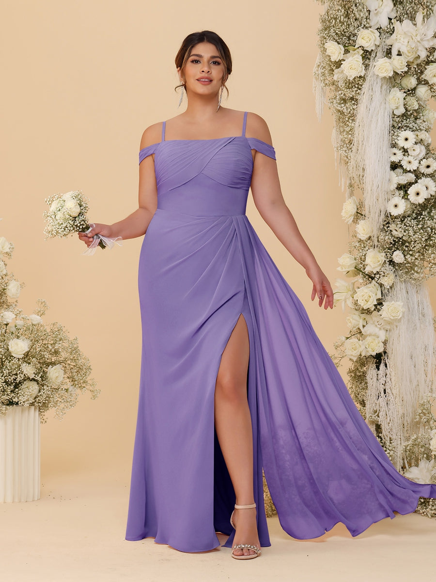 Sheath/Column Off-the-Shoulder Spaghetti Straps Plus Size Bridesmaid Dresses With Side Slit Light Purple