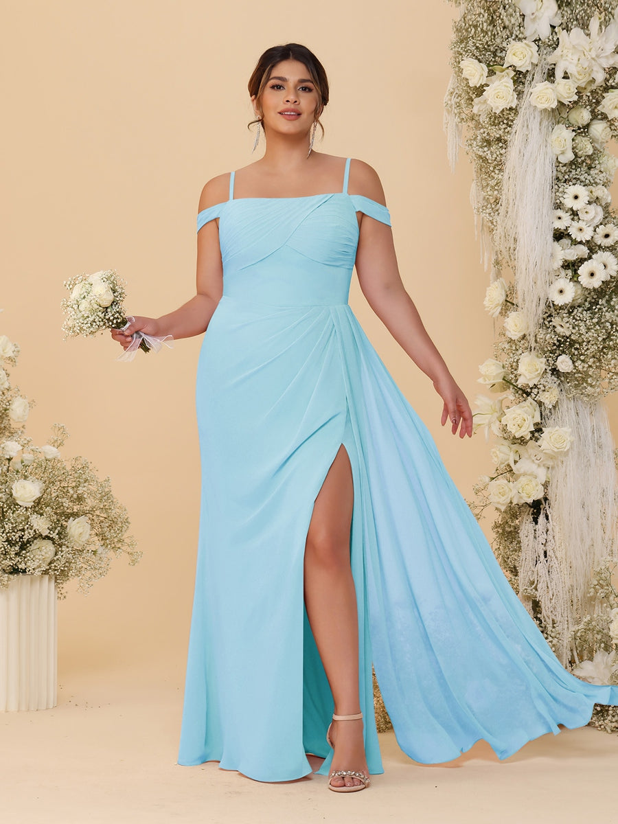 Sheath/Column Off-the-Shoulder Spaghetti Straps Plus Size Bridesmaid Dresses With Side Slit Light Sky Blue