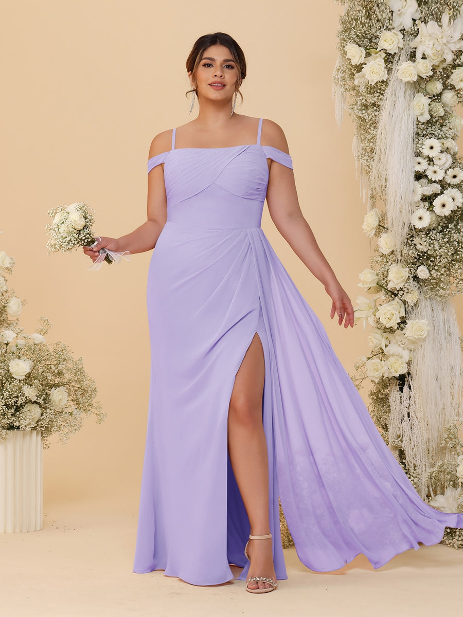 Sheath/Column Off-the-Shoulder Spaghetti Straps Plus Size Bridesmaid Dresses With Side Slit Lilac