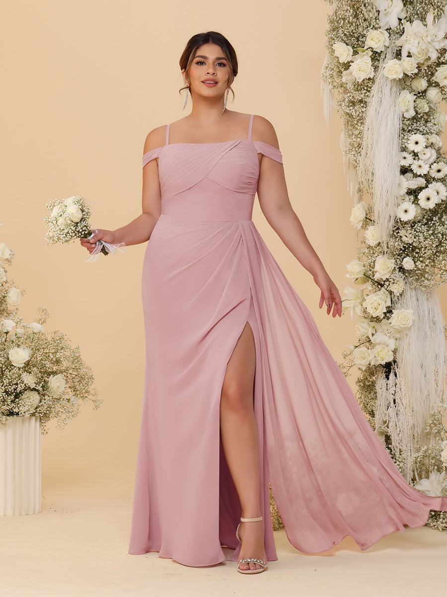 Sheath/Column Off-the-Shoulder Spaghetti Straps Plus Size Bridesmaid Dresses With Side Slit Mauve