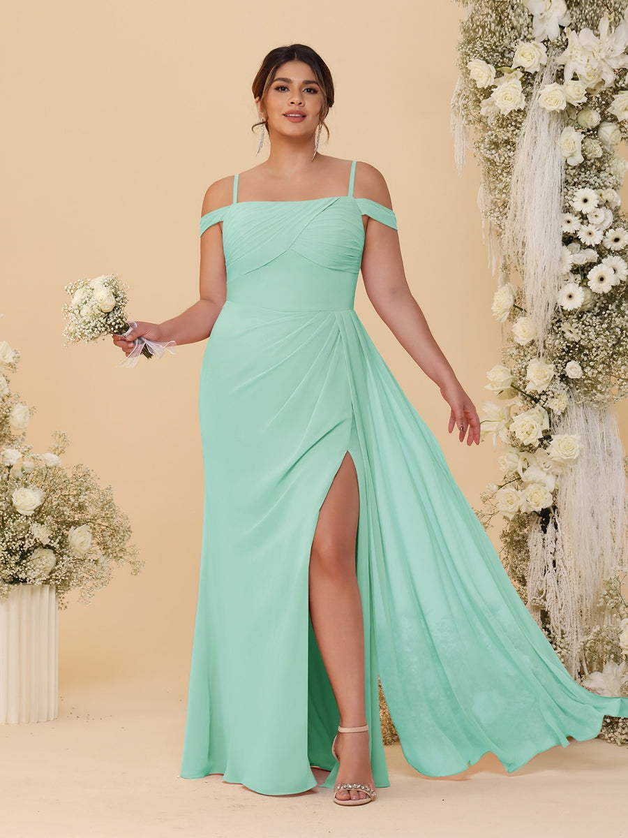 Sheath/Column Off-the-Shoulder Spaghetti Straps Plus Size Bridesmaid Dresses With Side Slit Mint Green