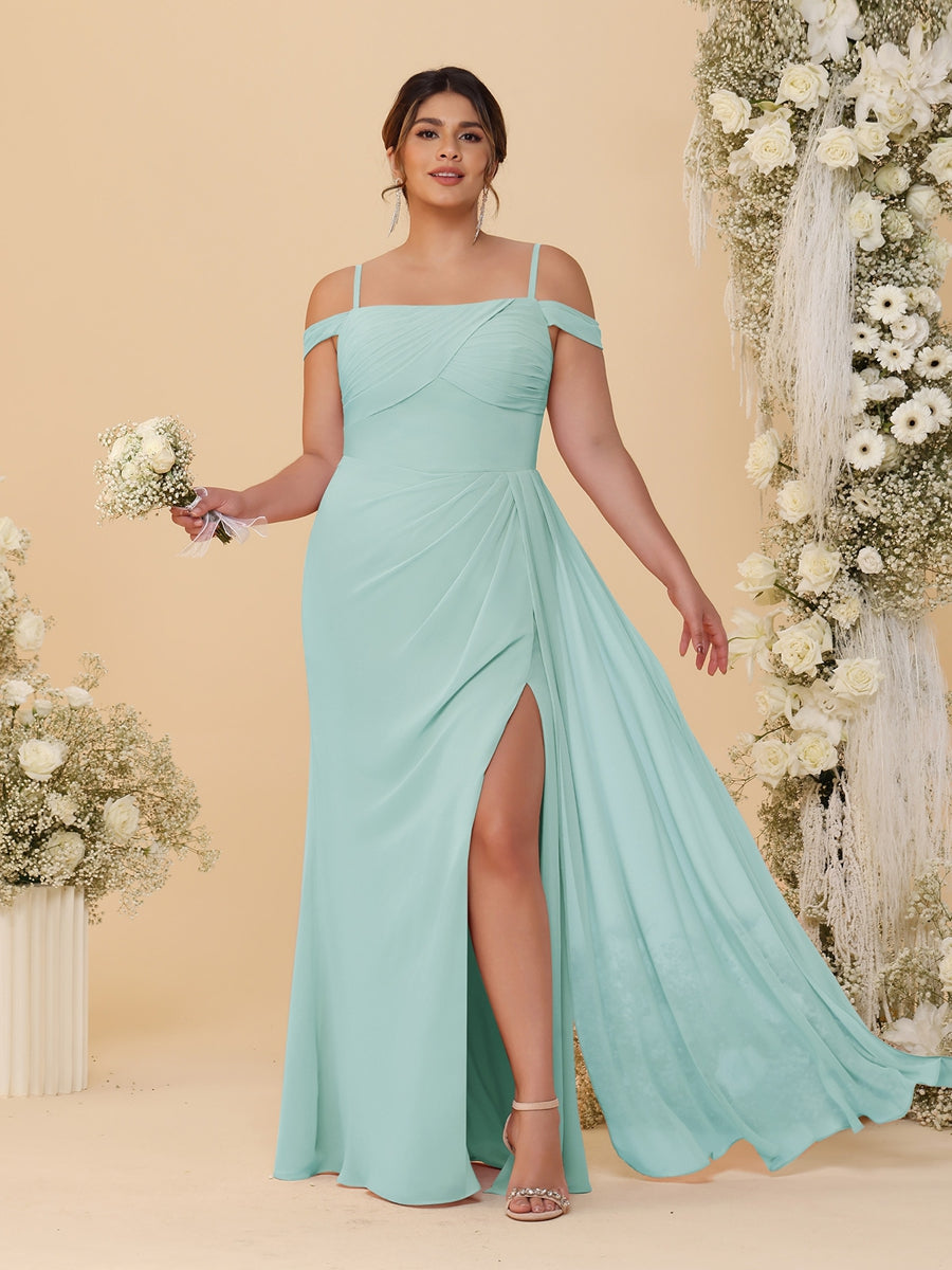 Sheath/Column Off-the-Shoulder Spaghetti Straps Plus Size Bridesmaid Dresses With Side Slit Mist Blue