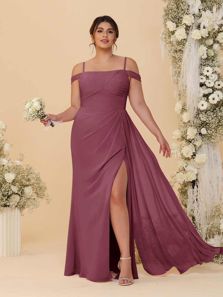 Sheath/Column Off-the-Shoulder Spaghetti Straps Plus Size Bridesmaid Dresses With Side Slit Mulberry