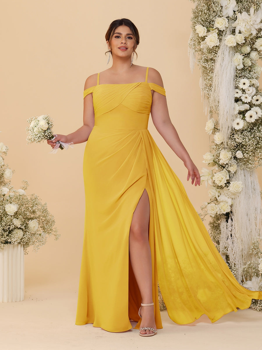 Sheath/Column Off-the-Shoulder Spaghetti Straps Plus Size Bridesmaid Dresses With Side Slit Mustard Yellow