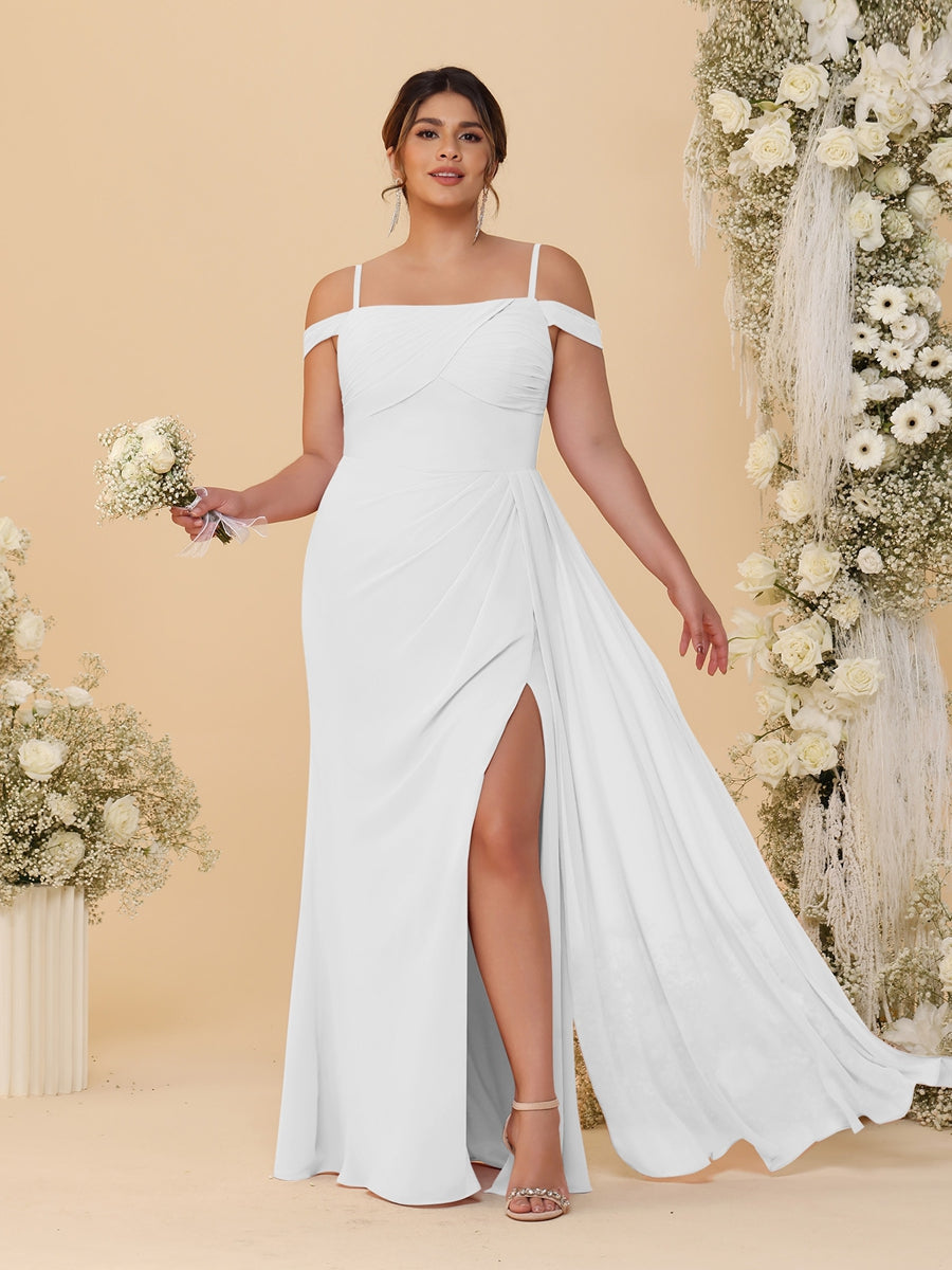 Sheath/Column Off-the-Shoulder Spaghetti Straps Plus Size Bridesmaid Dresses With Side Slit Off White