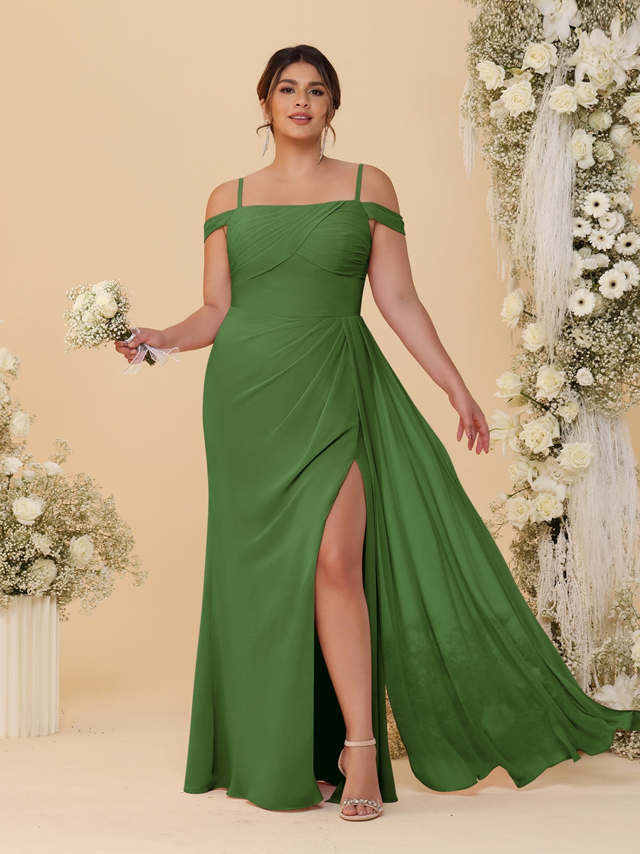 Sheath/Column Off-the-Shoulder Spaghetti Straps Plus Size Bridesmaid Dresses With Side Slit Olive Green