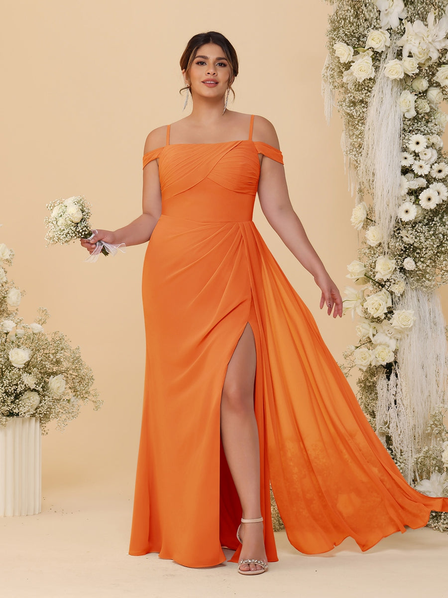 Sheath/Column Off-the-Shoulder Spaghetti Straps Plus Size Bridesmaid Dresses With Side Slit Orange