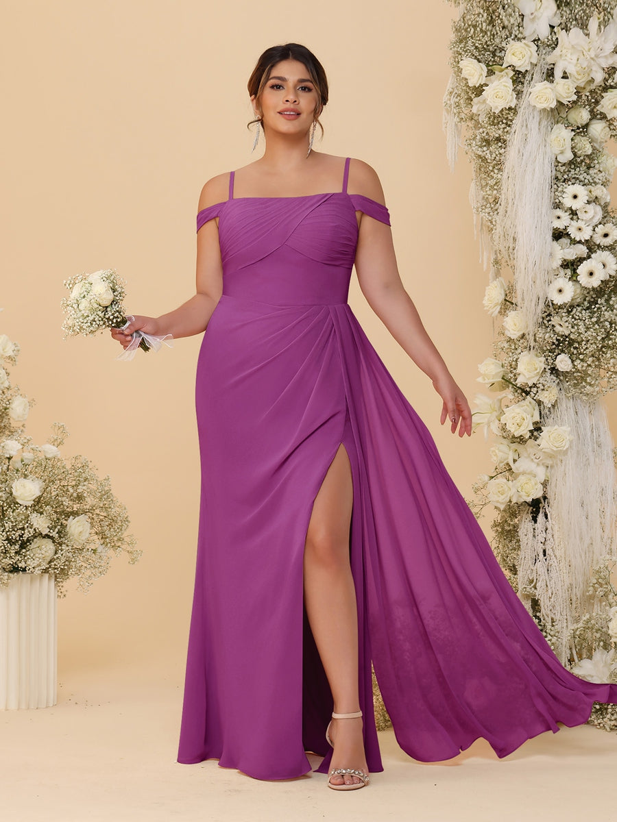 Sheath/Column Off-the-Shoulder Spaghetti Straps Plus Size Bridesmaid Dresses With Side Slit Orchid