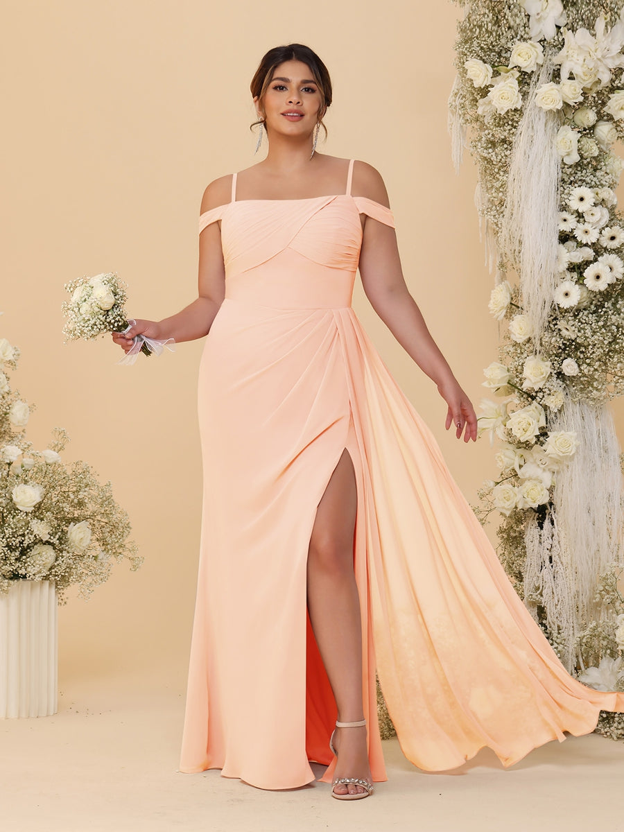 Sheath/Column Off-the-Shoulder Spaghetti Straps Plus Size Bridesmaid Dresses With Side Slit Peach Pink