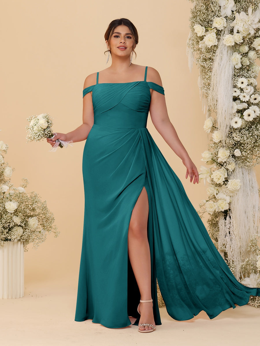 Sheath/Column Off-the-Shoulder Spaghetti Straps Plus Size Bridesmaid Dresses With Side Slit Peacock