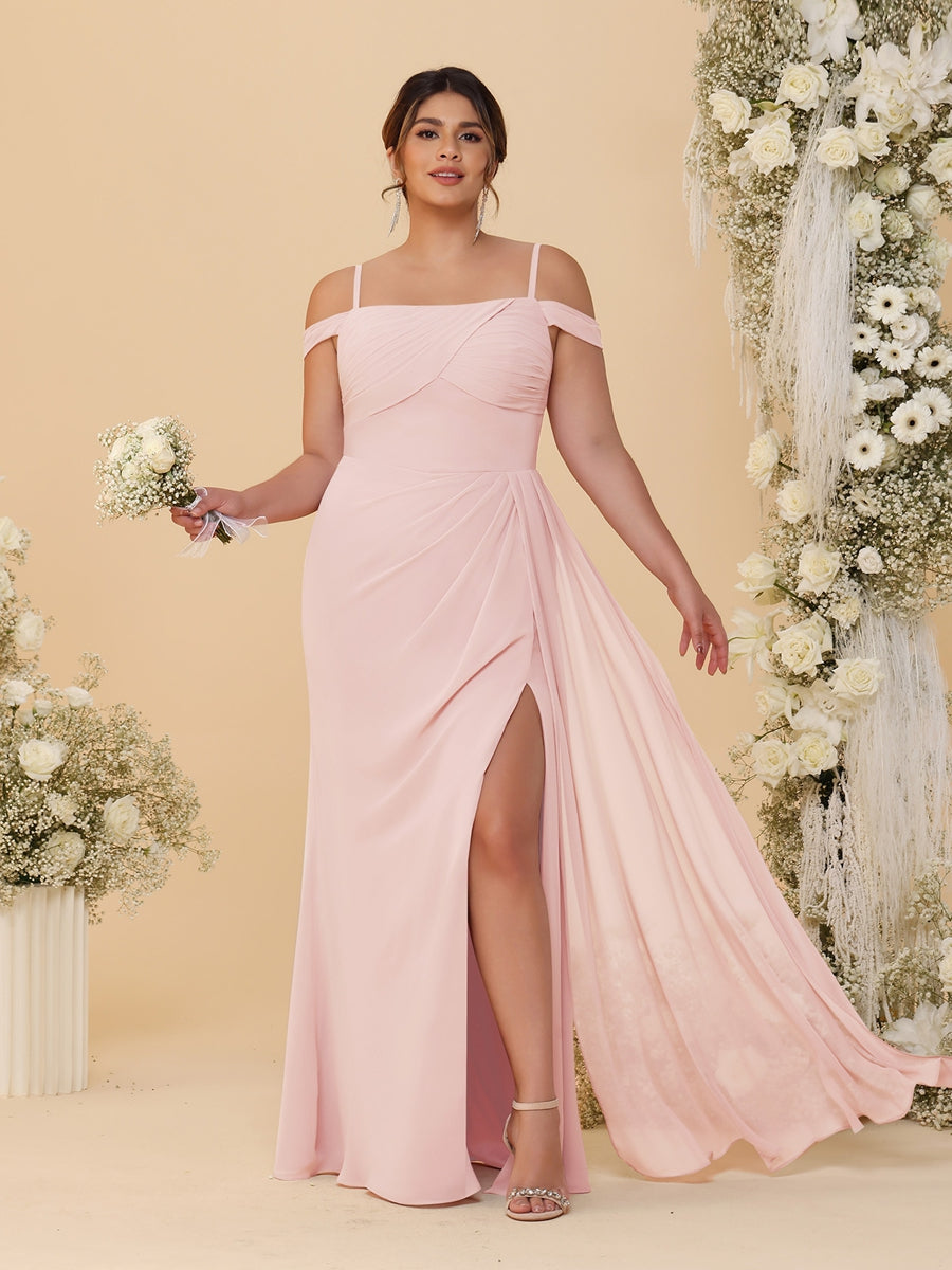 Sheath/Column Off-the-Shoulder Spaghetti Straps Plus Size Bridesmaid Dresses With Side Slit Pearl Pink