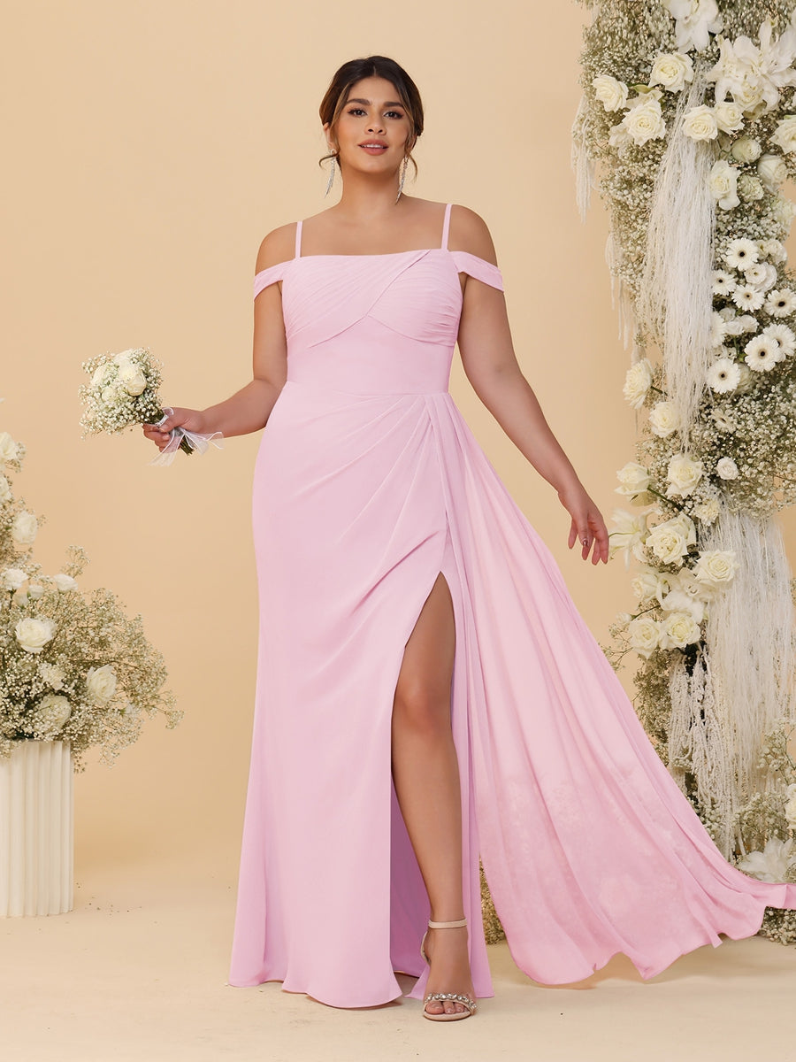 Sheath/Column Off-the-Shoulder Spaghetti Straps Plus Size Bridesmaid Dresses With Side Slit Pink