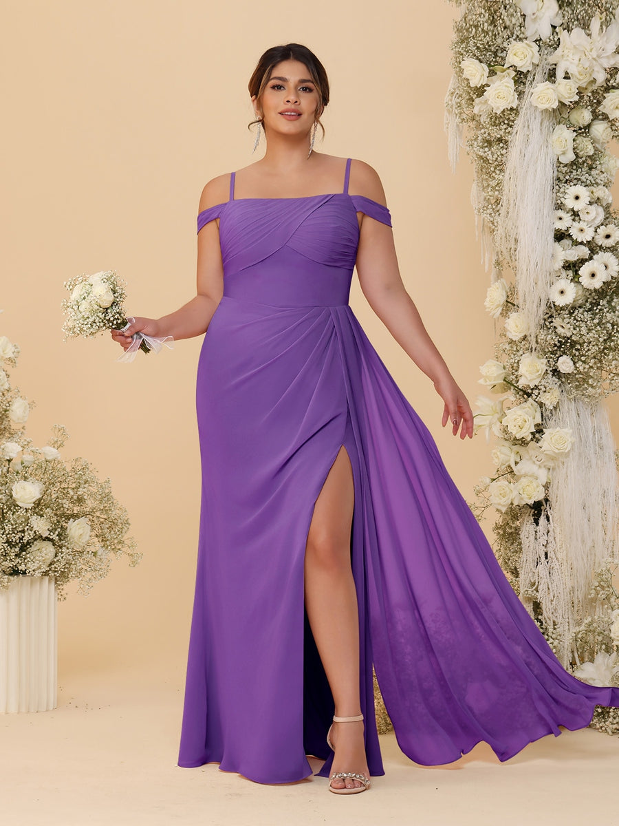 Sheath/Column Off-the-Shoulder Spaghetti Straps Plus Size Bridesmaid Dresses With Side Slit Purple