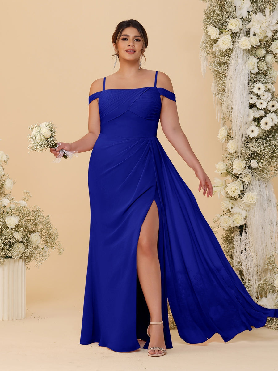 Sheath/Column Off-the-Shoulder Spaghetti Straps Plus Size Bridesmaid Dresses With Side Slit Royal Blue