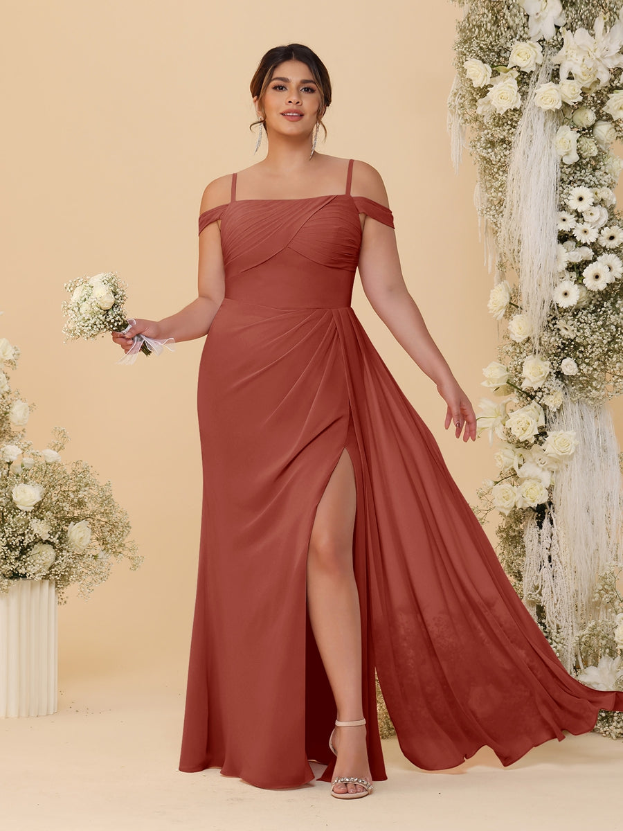 Sheath/Column Off-the-Shoulder Spaghetti Straps Plus Size Bridesmaid Dresses With Side Slit Rust