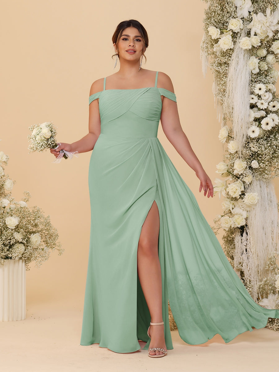 Sheath/Column Off-the-Shoulder Spaghetti Straps Plus Size Bridesmaid Dresses With Side Slit Sage
