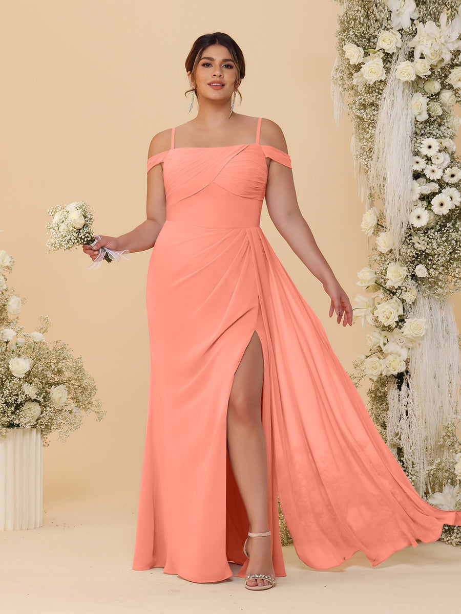 Sheath/Column Off-the-Shoulder Spaghetti Straps Plus Size Bridesmaid Dresses With Side Slit Salmon