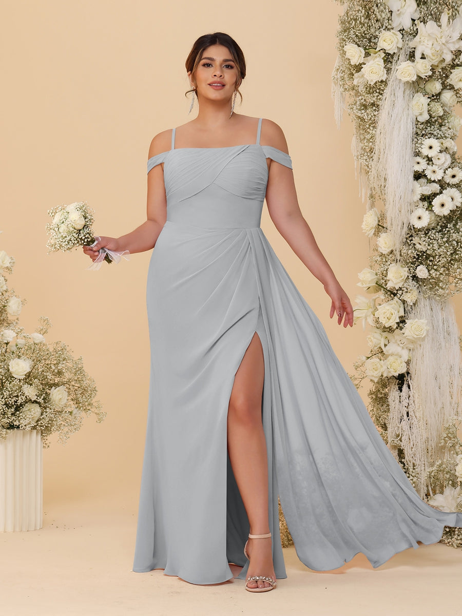 Sheath/Column Off-the-Shoulder Spaghetti Straps Plus Size Bridesmaid Dresses With Side Slit Silver
