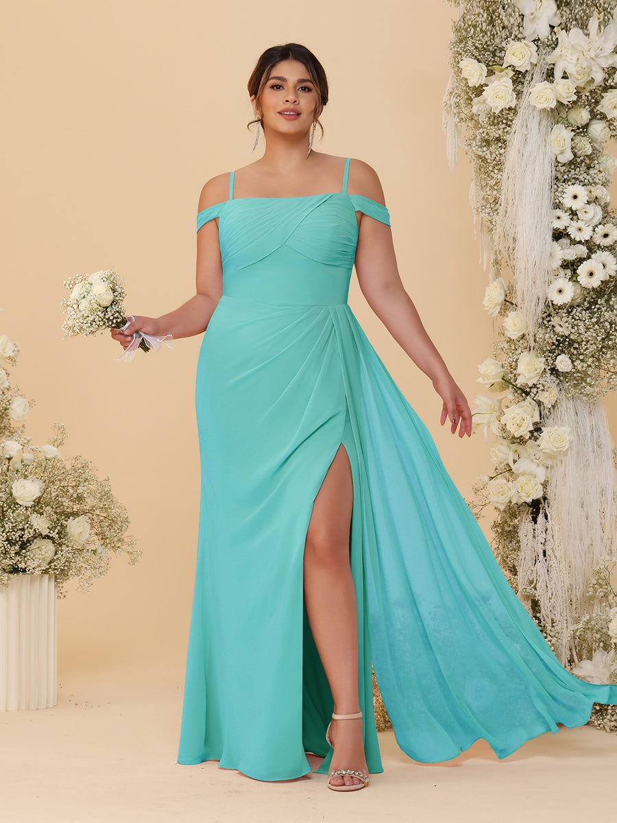 Sheath/Column Off-the-Shoulder Spaghetti Straps Plus Size Bridesmaid Dresses With Side Slit Spa