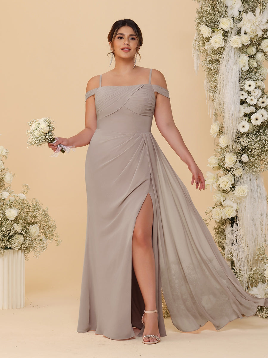 Sheath/Column Off-the-Shoulder Spaghetti Straps Plus Size Bridesmaid Dresses With Side Slit Taupe