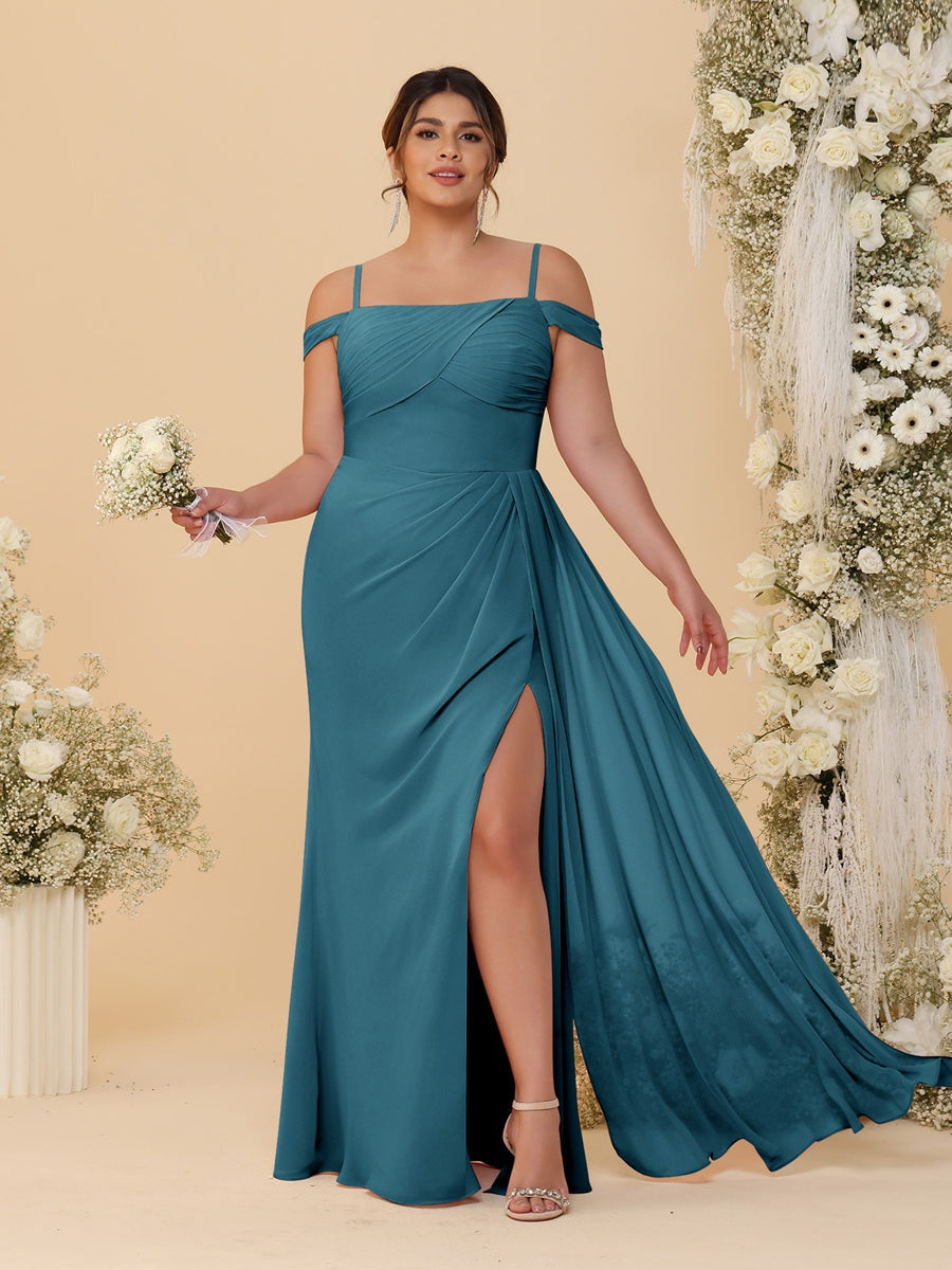 Sheath/Column Off-the-Shoulder Spaghetti Straps Plus Size Bridesmaid Dresses With Side Slit Teal