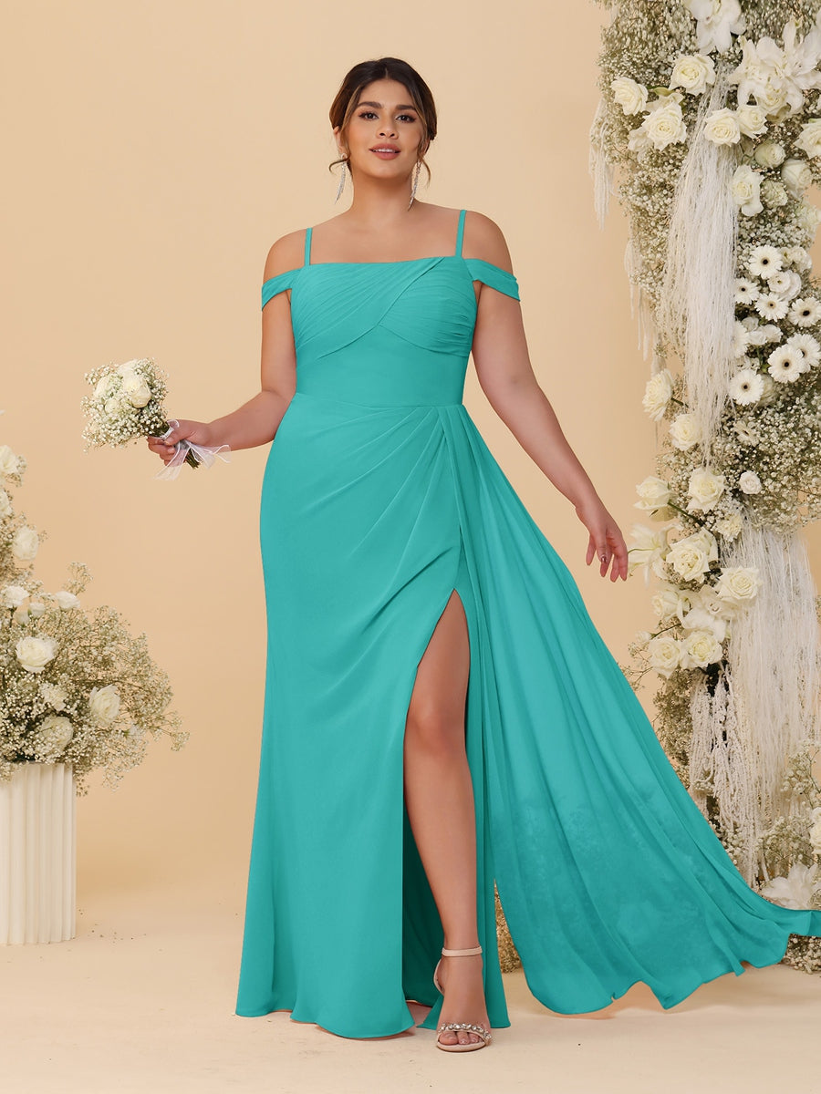 Sheath/Column Off-the-Shoulder Spaghetti Straps Plus Size Bridesmaid Dresses With Side Slit Turquoise