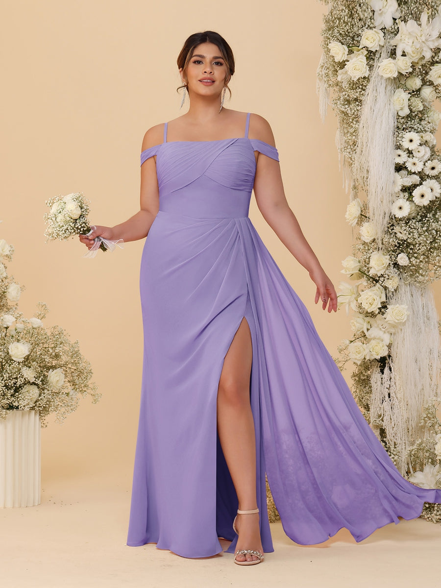 Sheath/Column Off-the-Shoulder Spaghetti Straps Plus Size Bridesmaid Dresses With Side Slit Wisteria
