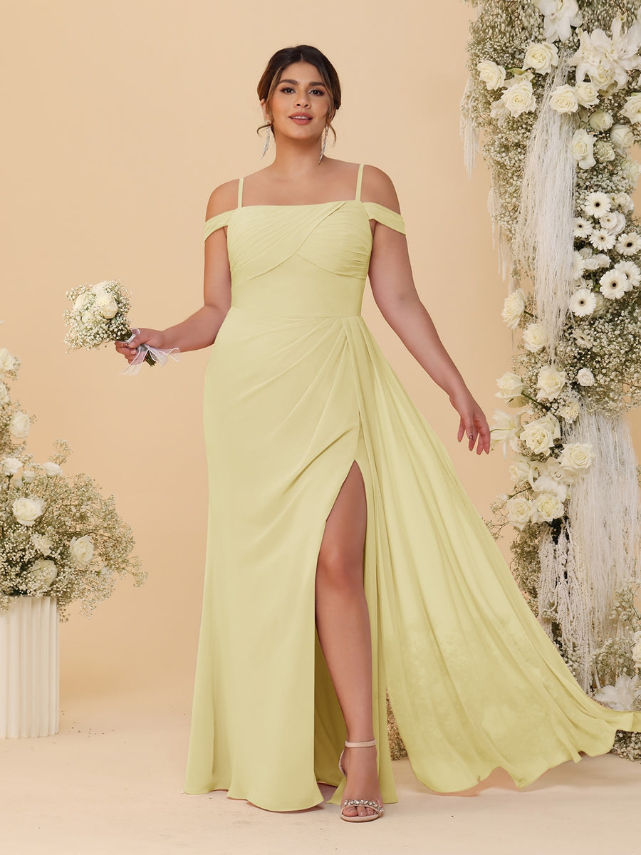 Sheath/Column Off-the-Shoulder Spaghetti Straps Plus Size Bridesmaid Dresses With Side Slit Yellow