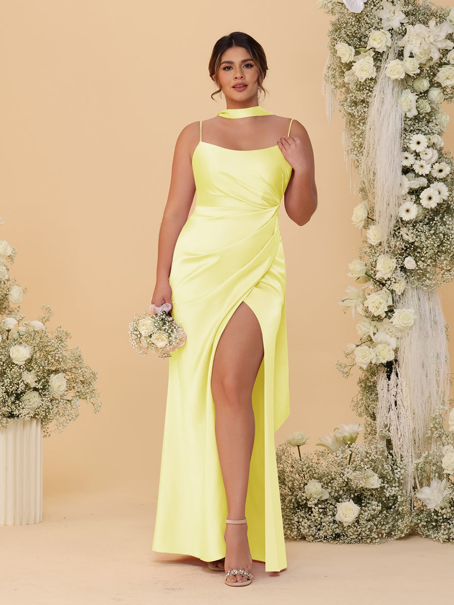 Sheath/Column Spaghetti Straps Sleeveless Floor-Length Ruched Bridesmaid Dresses With Neck Scarf & Split Side Canary