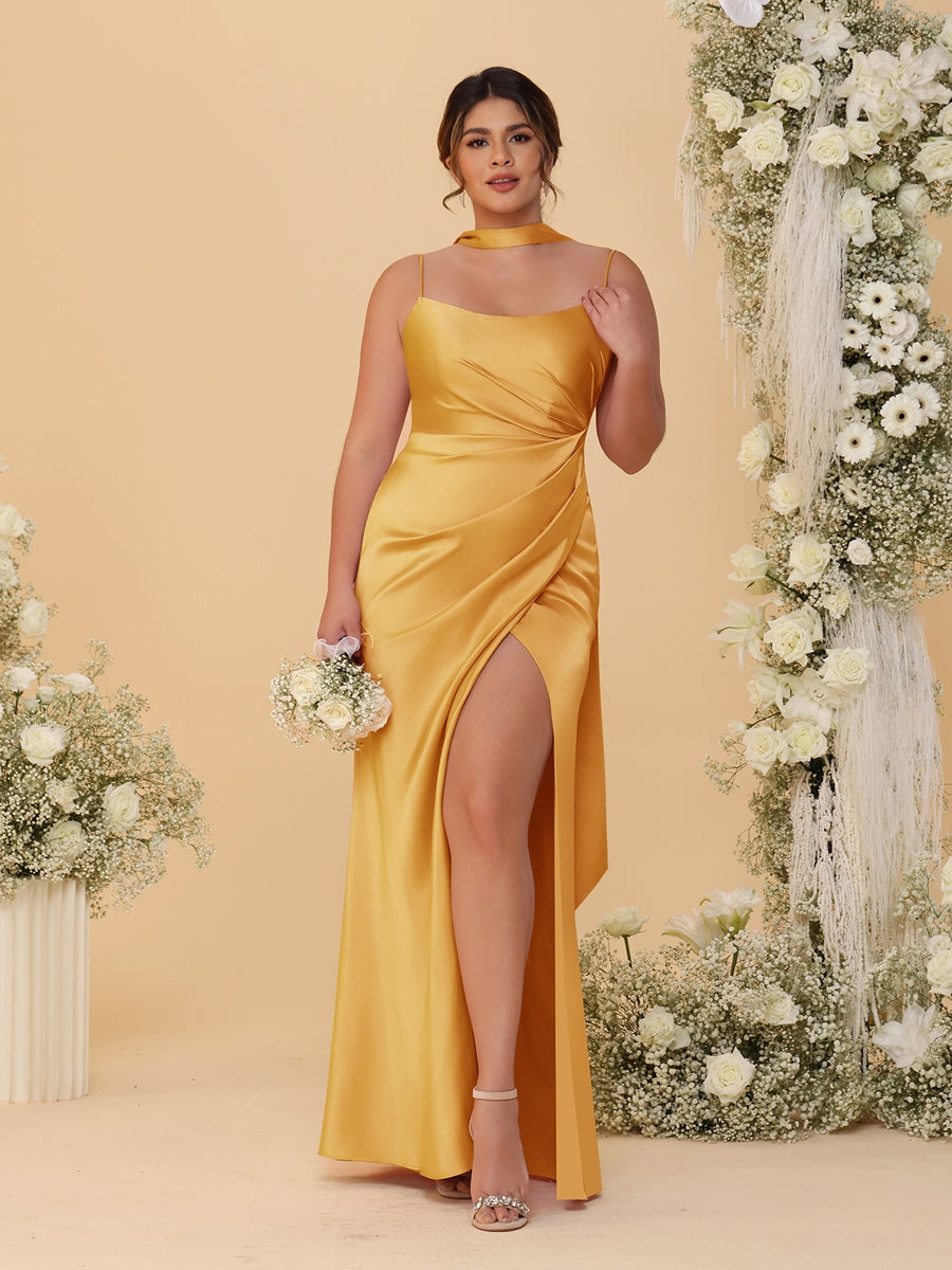 Sheath/Column Spaghetti Straps Sleeveless Floor-Length Ruched Bridesmaid Dresses With Neck Scarf & Split Side Gold