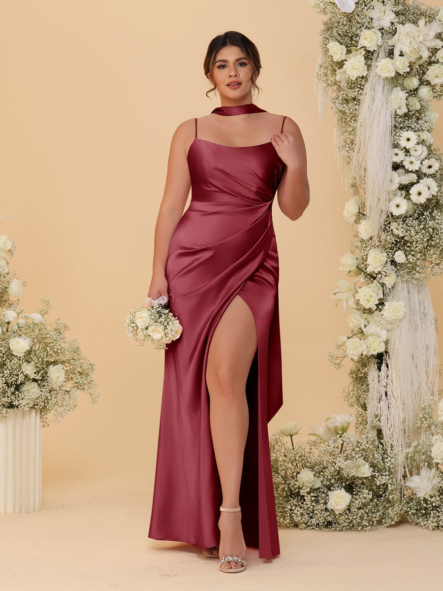 Sheath/Column Spaghetti Straps Sleeveless Floor-Length Ruched Bridesmaid Dresses With Neck Scarf & Split Side Light Burgundy