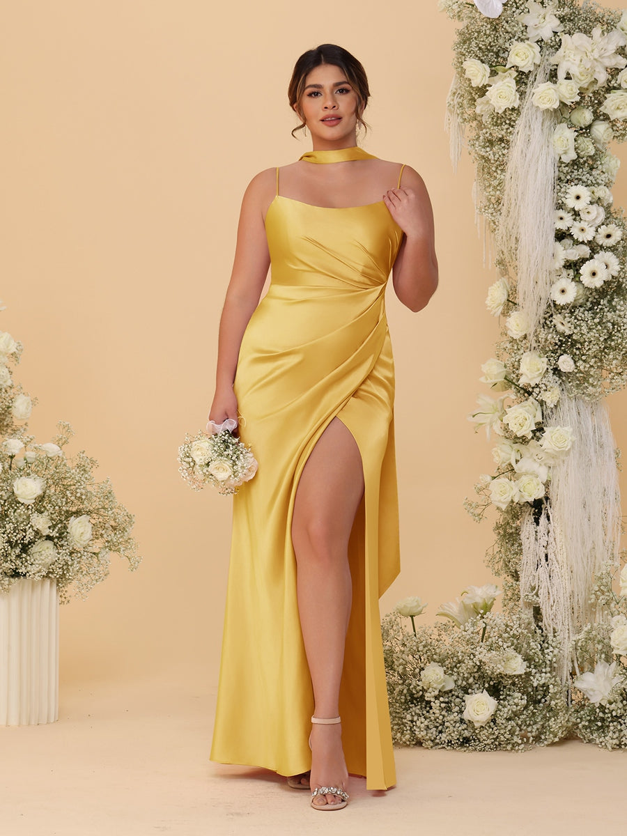 Sheath/Column Spaghetti Straps Sleeveless Floor-Length Ruched Bridesmaid Dresses With Neck Scarf & Split Side Mustard Yellow