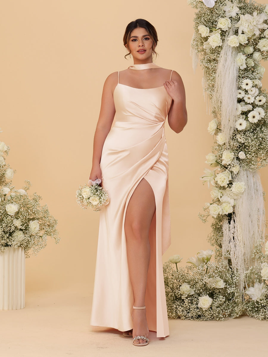Sheath/Column Spaghetti Straps Sleeveless Floor-Length Ruched Bridesmaid Dresses With Neck Scarf & Split Side Peach Pink