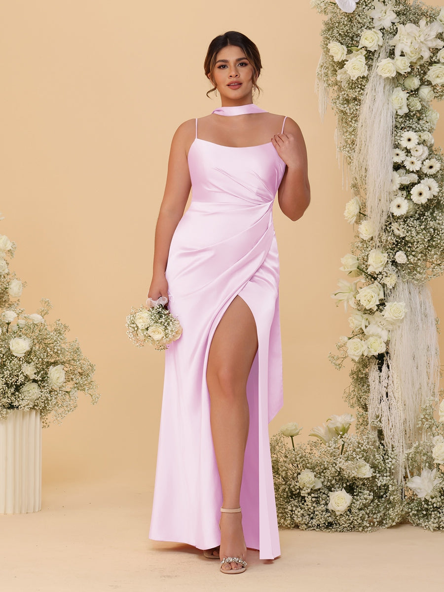 Sheath/Column Spaghetti Straps Sleeveless Floor-Length Ruched Bridesmaid Dresses With Neck Scarf & Split Side Pink