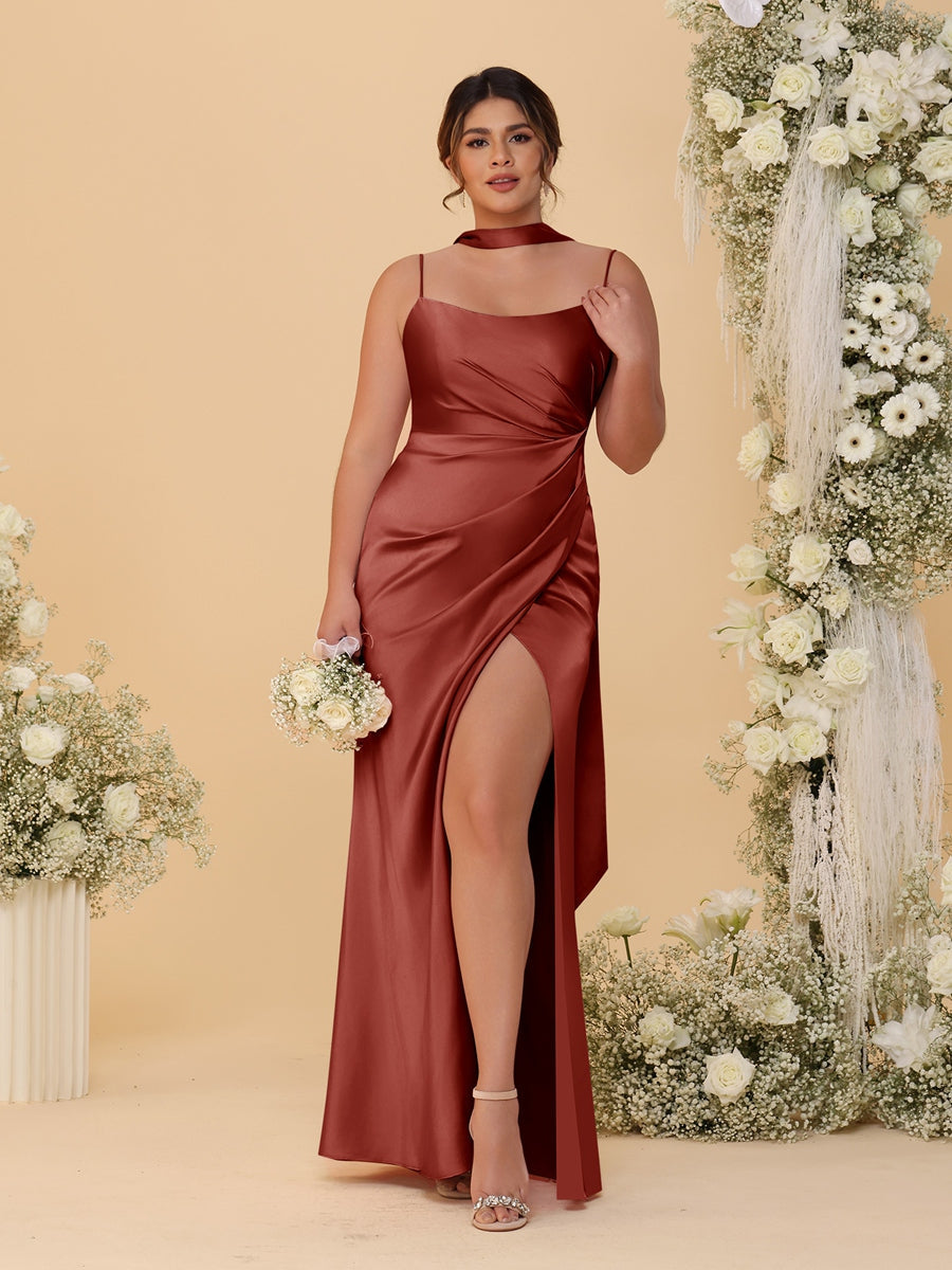 Sheath/Column Spaghetti Straps Sleeveless Floor-Length Ruched Bridesmaid Dresses With Neck Scarf & Split Side Rust