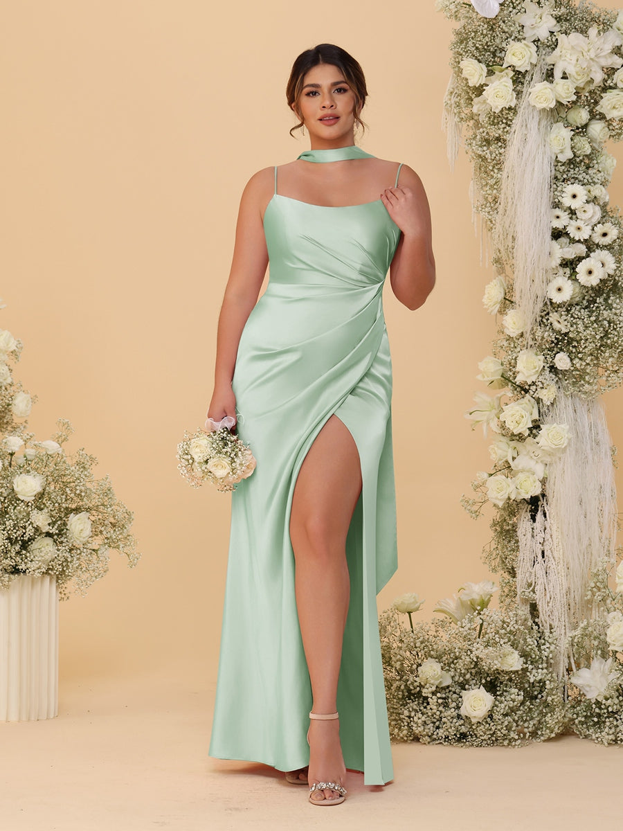 Sheath/Column Spaghetti Straps Sleeveless Floor-Length Ruched Bridesmaid Dresses With Neck Scarf & Split Side Sage