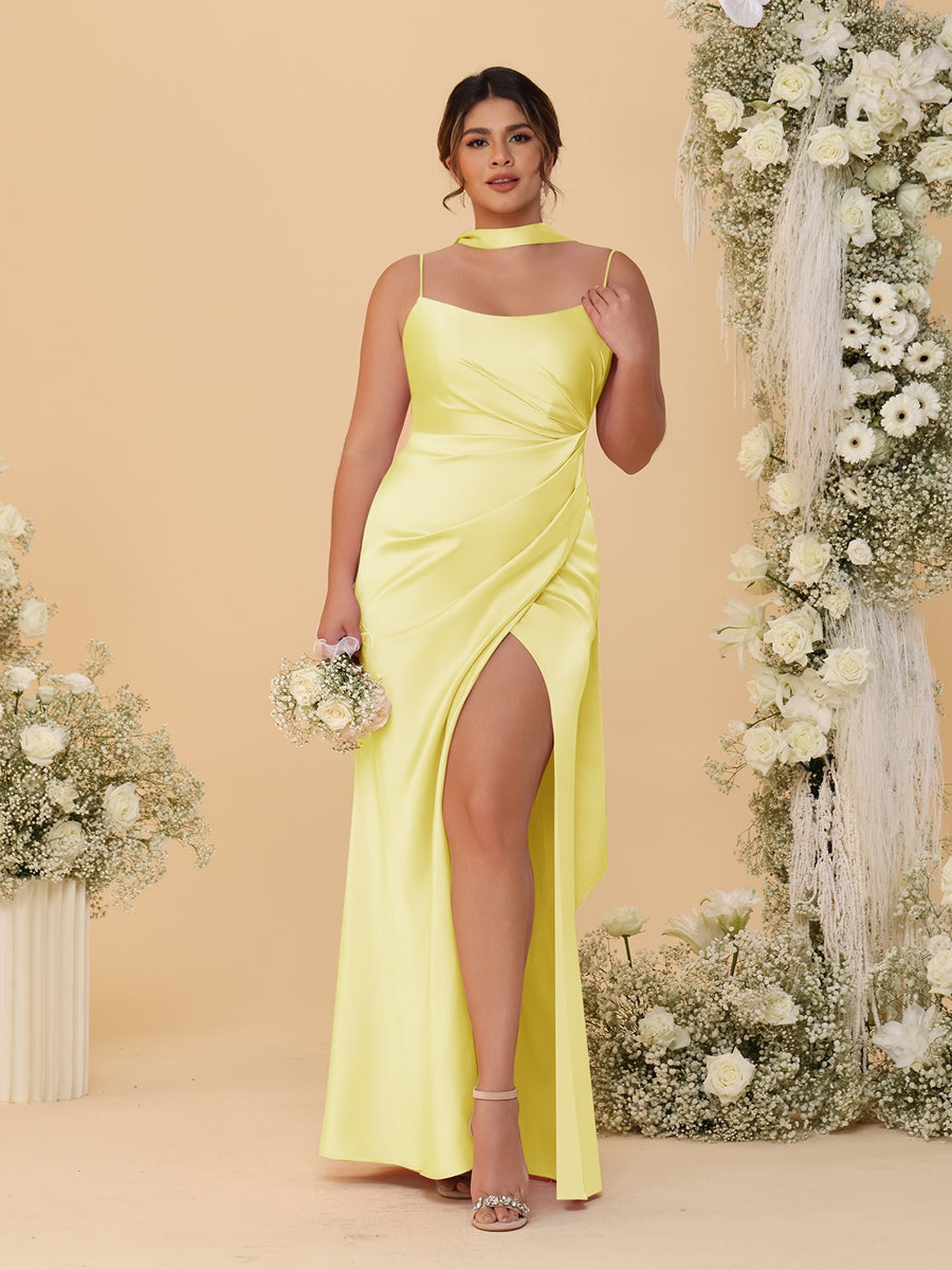 Sheath/Column Spaghetti Straps Sleeveless Floor-Length Ruched Bridesmaid Dresses With Neck Scarf & Split Side Yellow