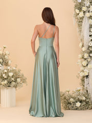 A-Line/Princess Spaghetti Straps Sleeveless Long Ruched Bridesmaid Dresses With Split Side