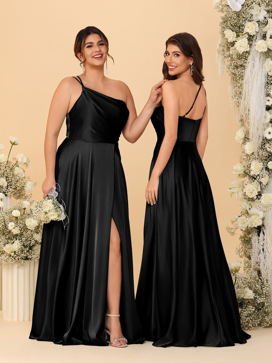 A-Line/Princess Spaghetti Straps Sleeveless Long Ruched Bridesmaid Dresses With Split Side Black